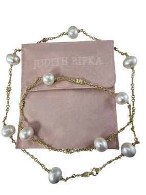 Judith Ripka 18K Yellow Gold Pearl Diamond Station Necklace w/Pouch 32"  #24613